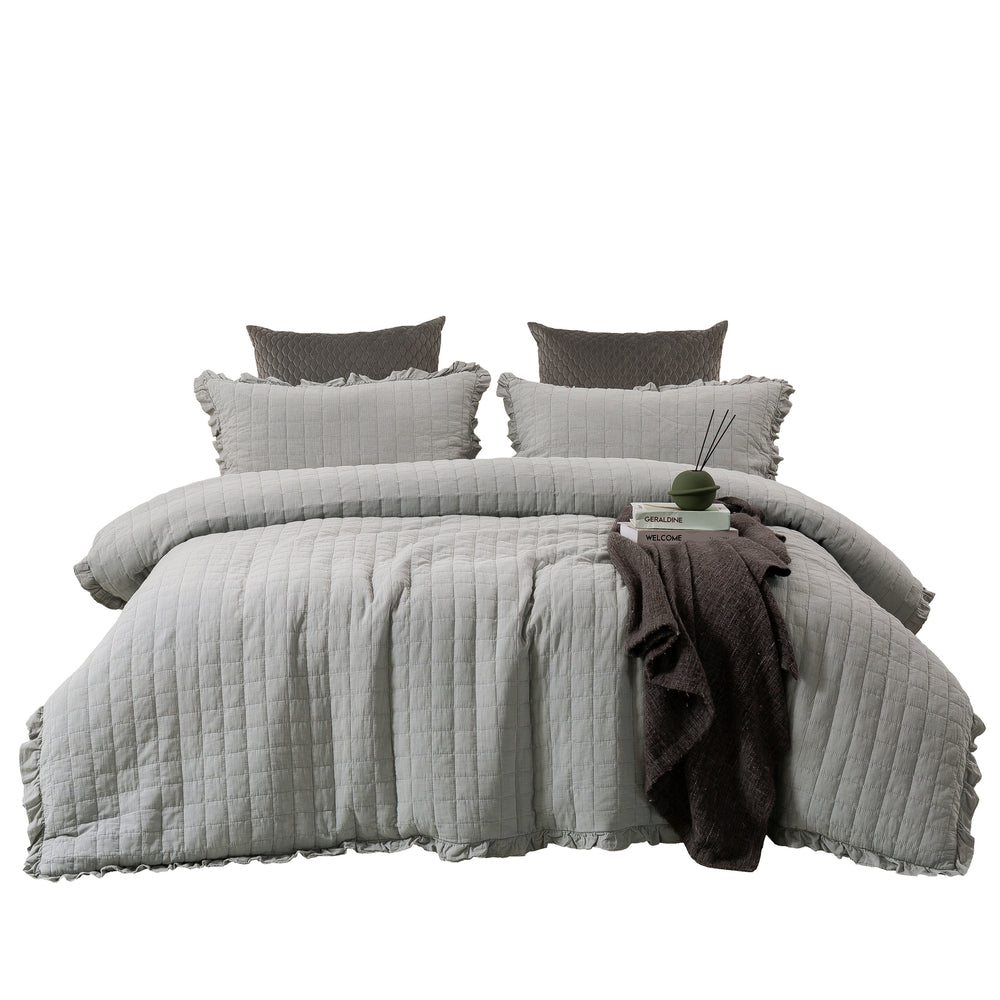 Dreamaker Premium Quilted Sand Wash Quilt Cover Set Queen Bed Dove Grey