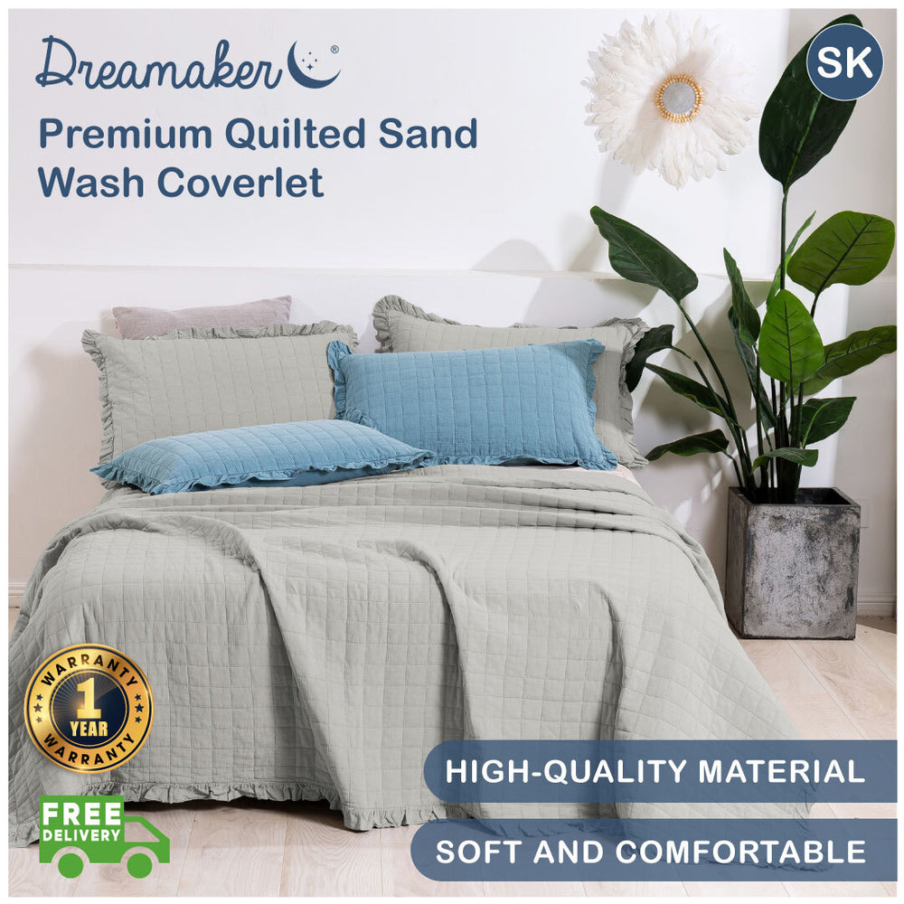 Dreamaker Premium Quilted Sand Wash coverlet Super King Bed Dove Grey