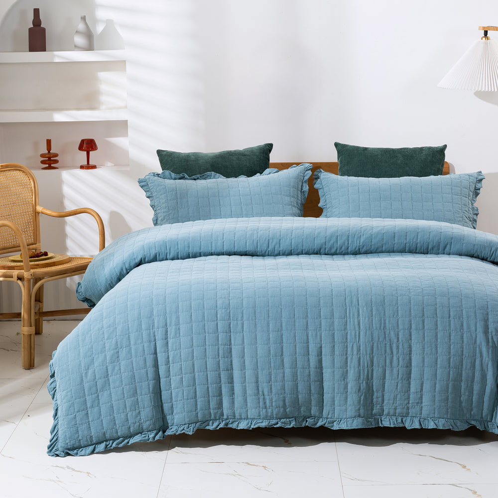Dreamaker Premium Quilted Sandwash Quilt Cover Set Queen Bed Dusty Blue
