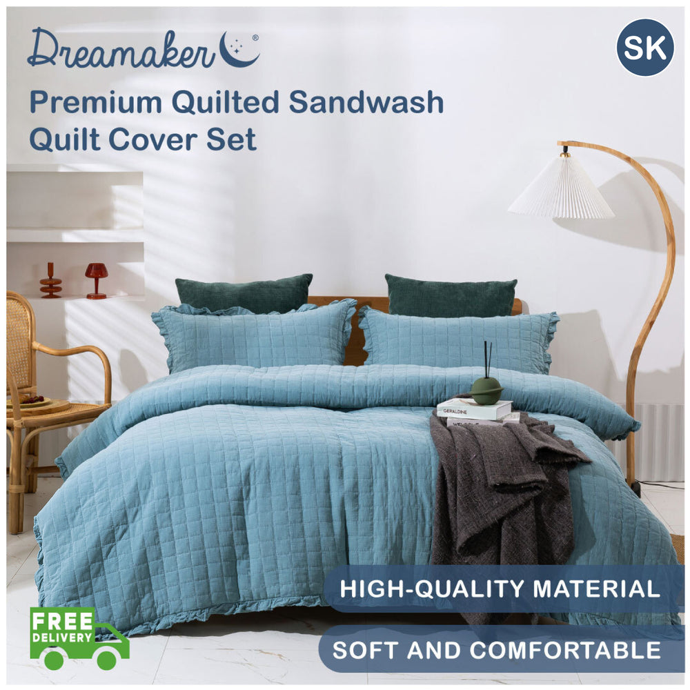 Dreamaker Premium Quilted Sandwash Quilt Cover Set Super King Bed Dusty Blue