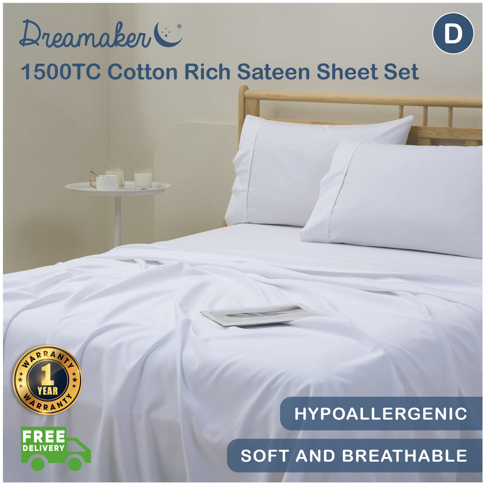 Dreamaker 1500TC Cotton Rich Sateen Sheet Set White Double Bed