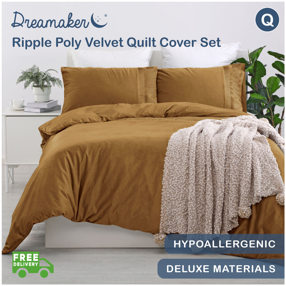 Dreamaker Ripple Poly Velvet Rust Quilt Cover Set Queen Bed