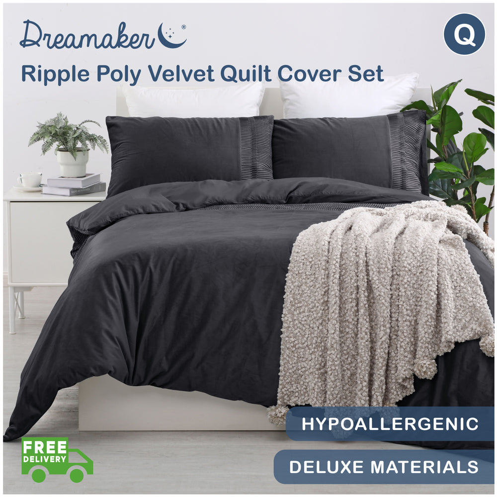 Dreamaker Ripple Poly Velvet Charcoal Quilt Cover Set Queen Bed
