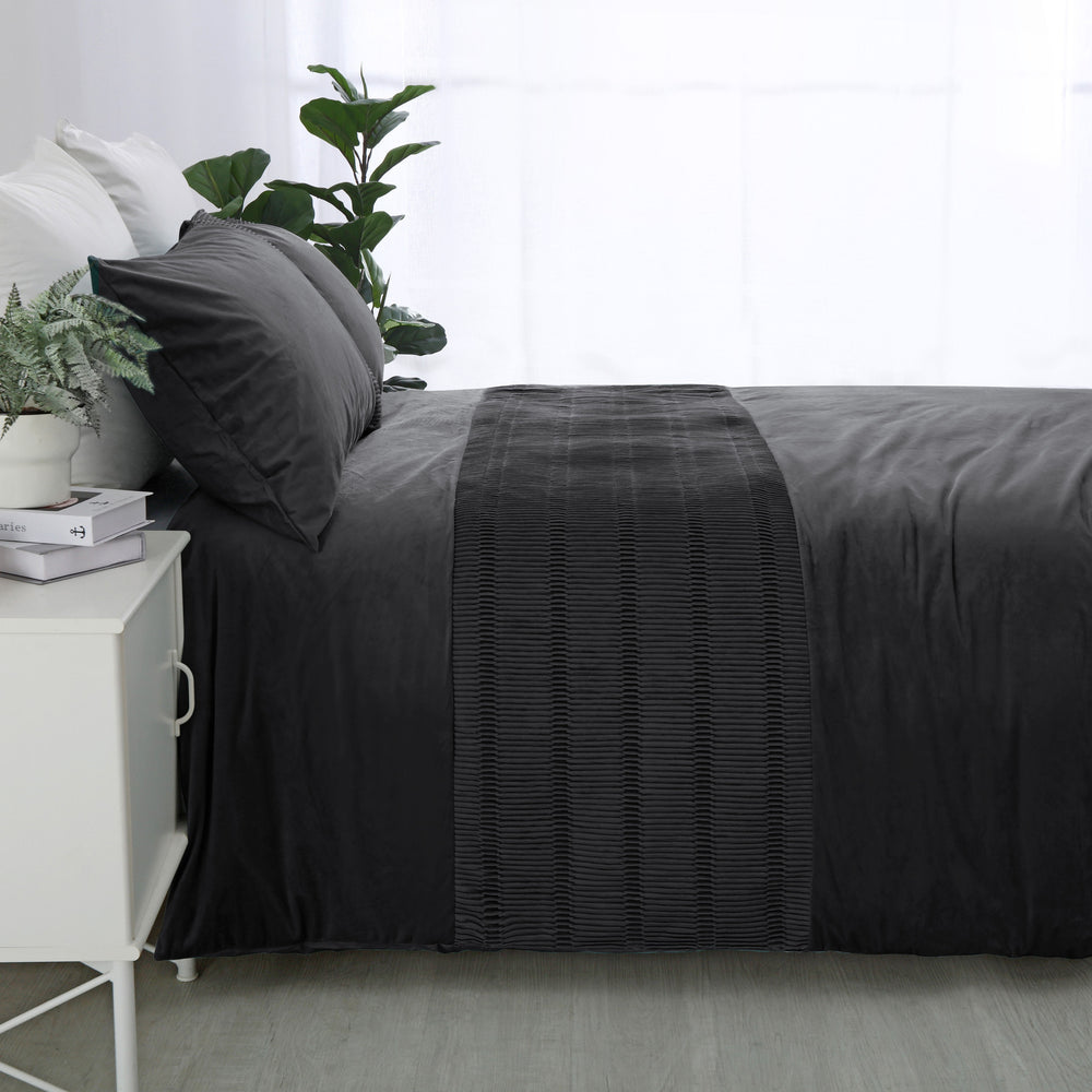 Dreamaker Ripple Poly Velvet Charcoal Quilt Cover Set Queen Bed
