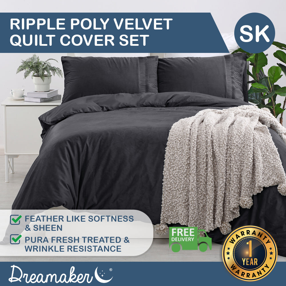 Dreamaker Ripple Poly Velvet Charcoal Quilt Cover Set Super King Bed