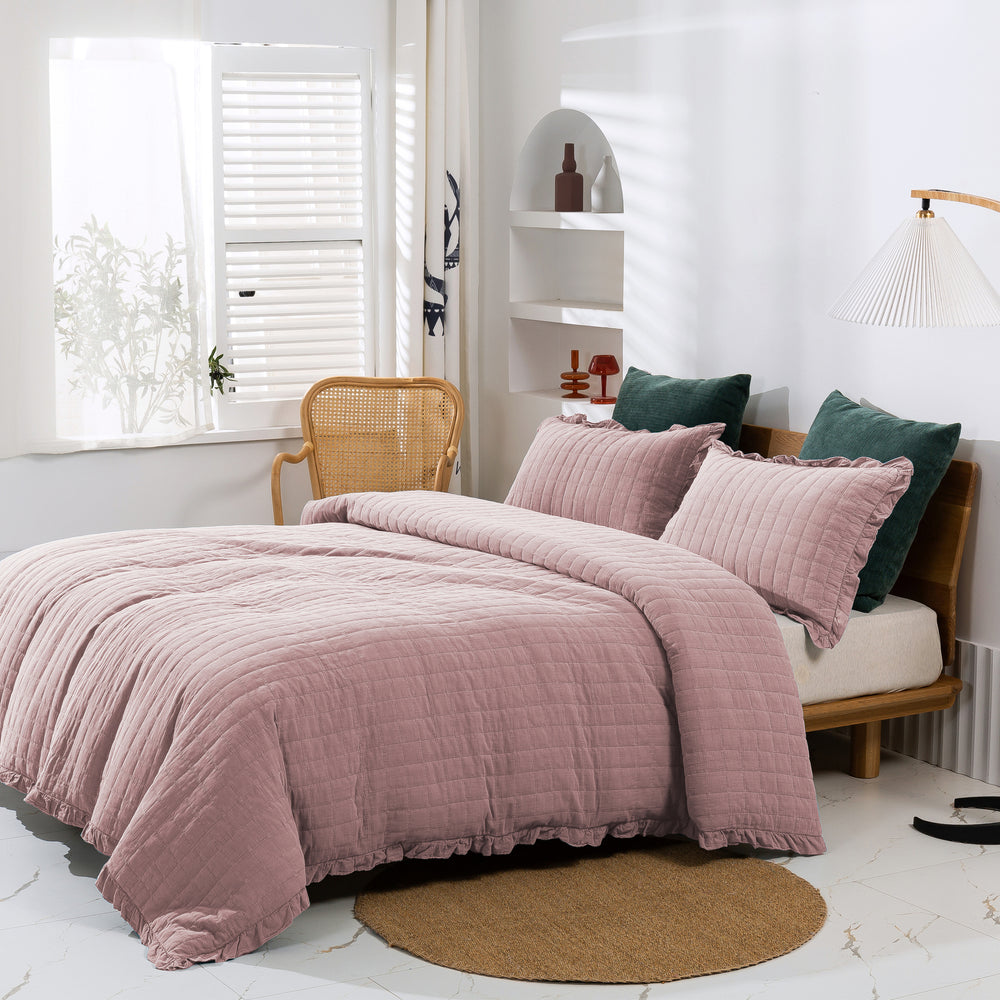 Dreamaker Premium Quilted Sandwash Quilt Cover Set Queen Bed Dusty Pink