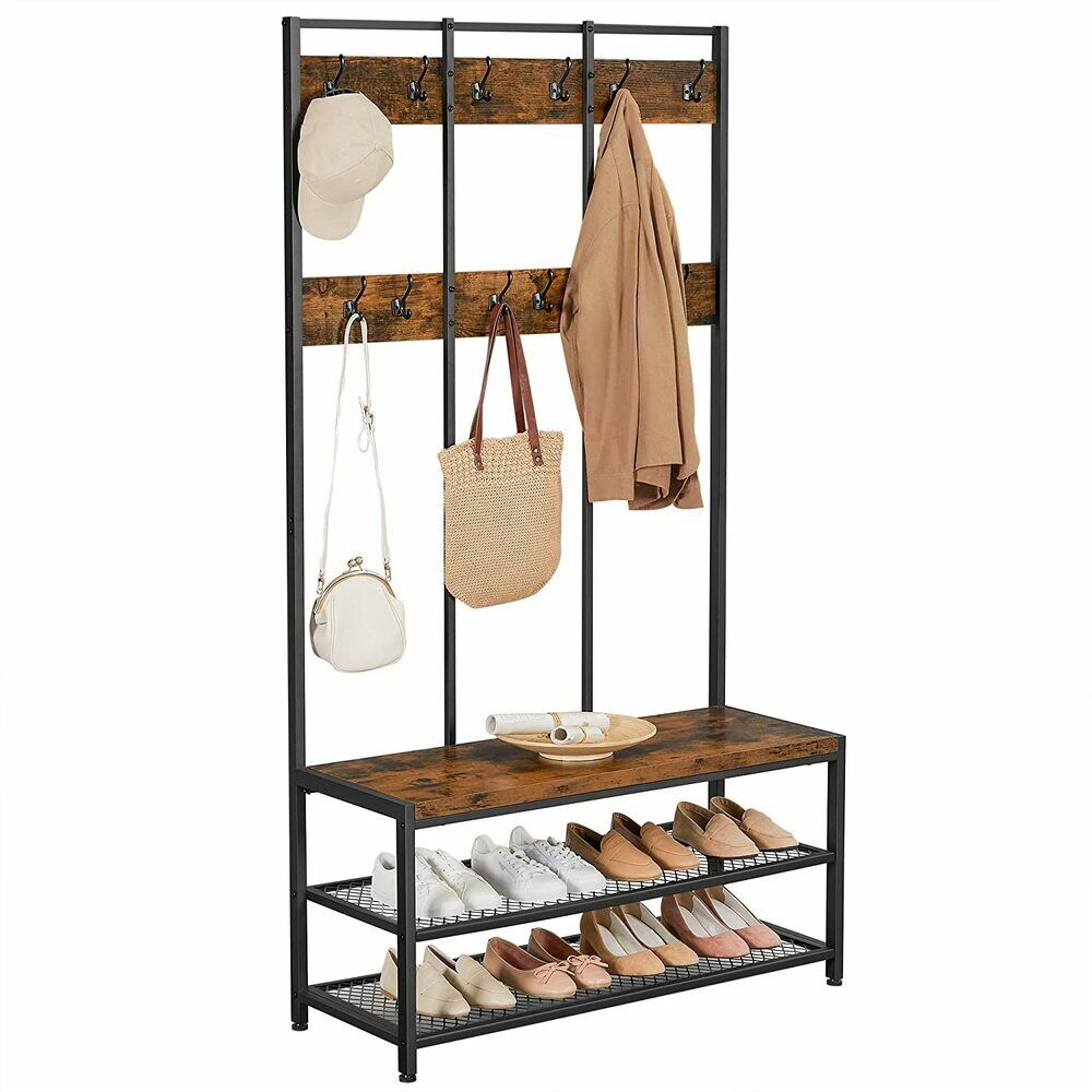VASAGLE Brown and Black Coat Rack Stand with 12 Hooks and Shoe Bench 184cm