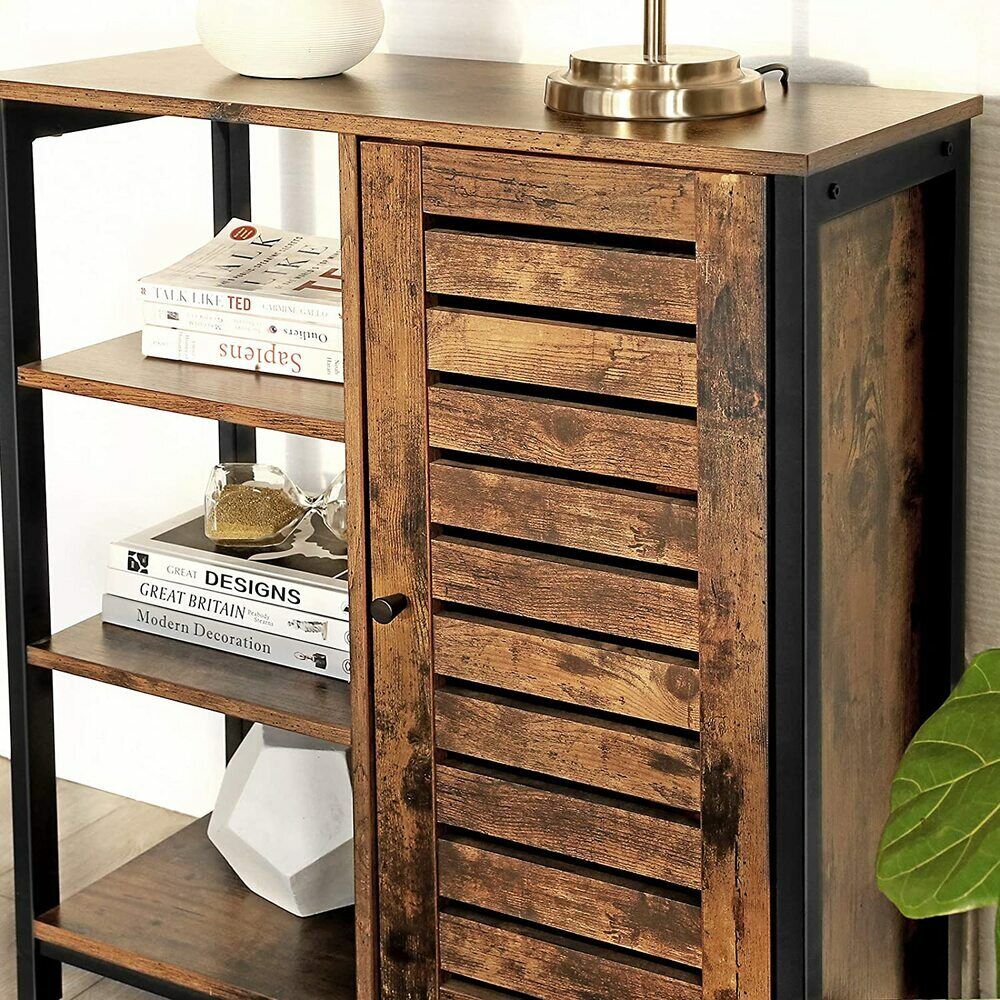 VASAGLE Rustic Brown and Black Storage Cabinet with 3 Shelves and Louvred Door
