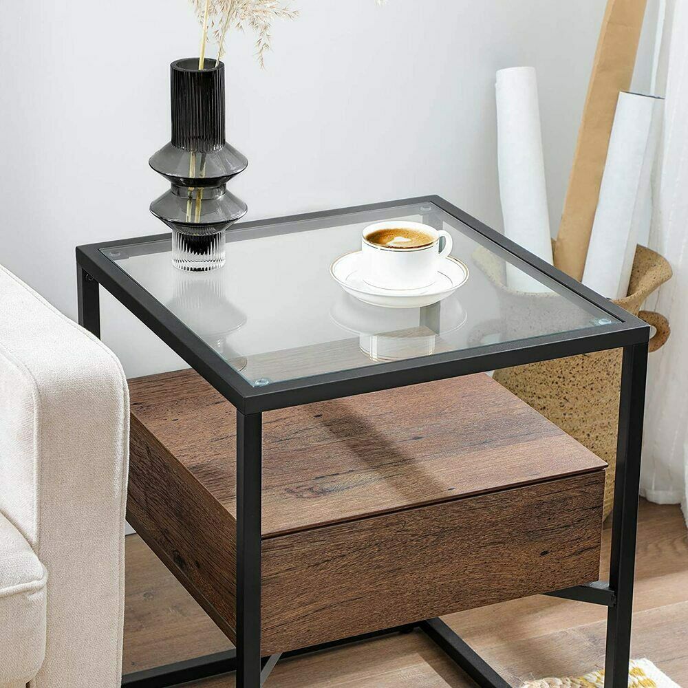 Vasagle Tempered Glass Bedroom Side Table with Drawer Shelf Bedside Nightstand