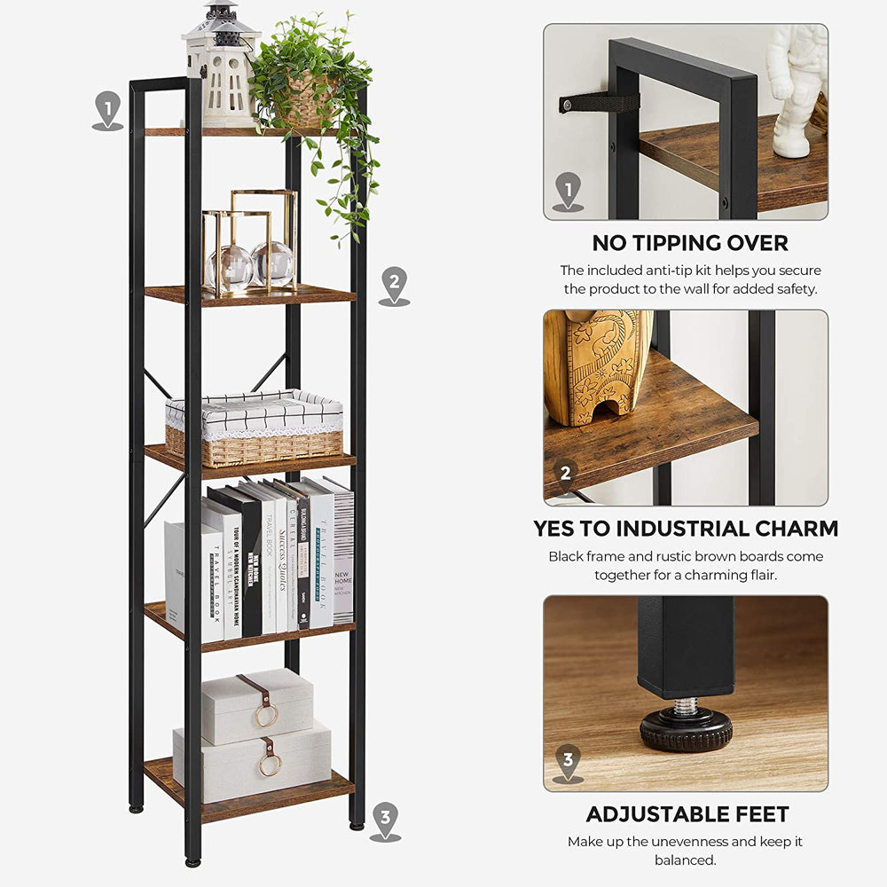VASAGLE 5-Tier Bookshelf Storage Rack with Steel Frame for Living Room Office Study Hallway Industrial Style Rustic Brown and Black