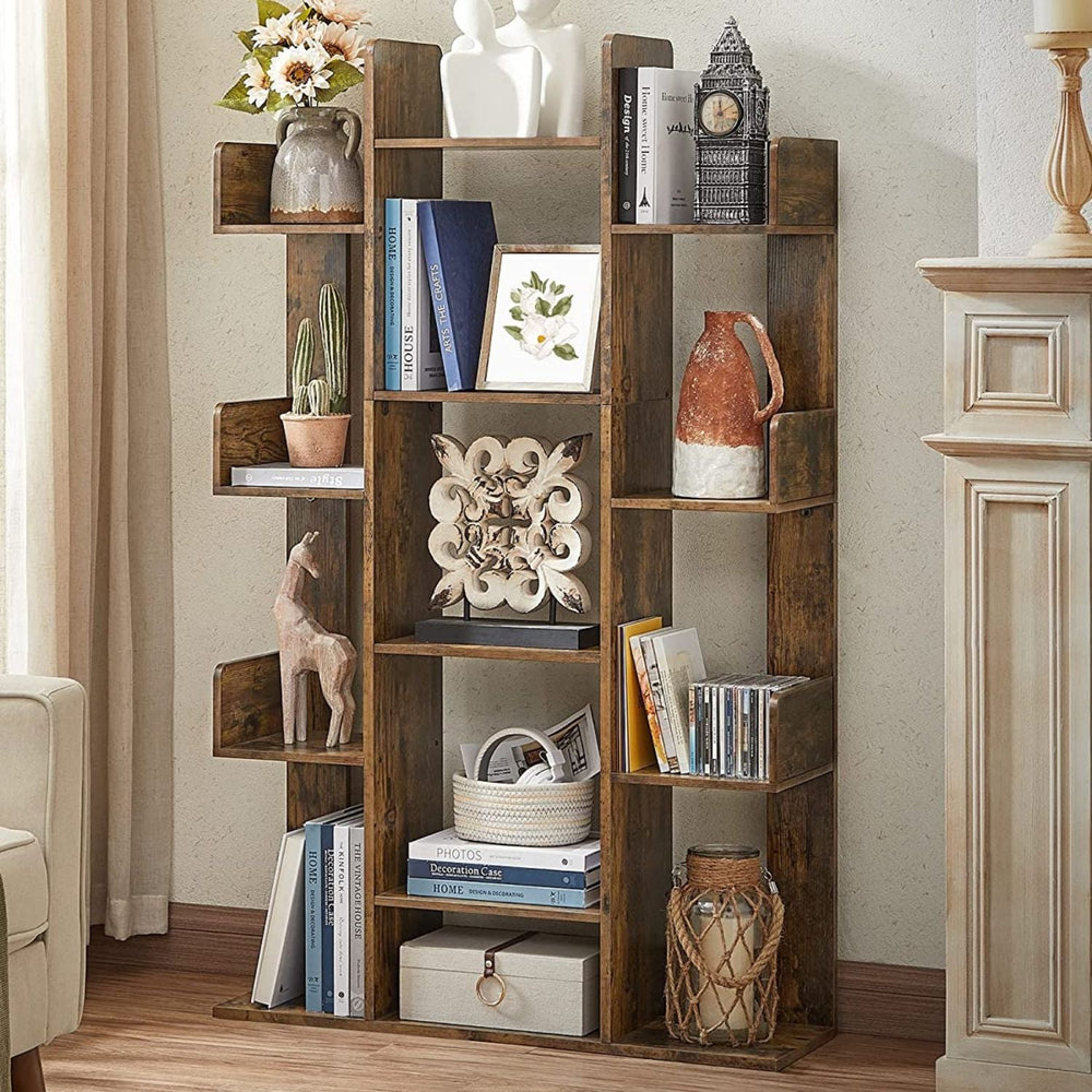VASAGLE Tree-Shaped Bookcase with 13 Storage Shelves Rounded Corners Rustic Brown