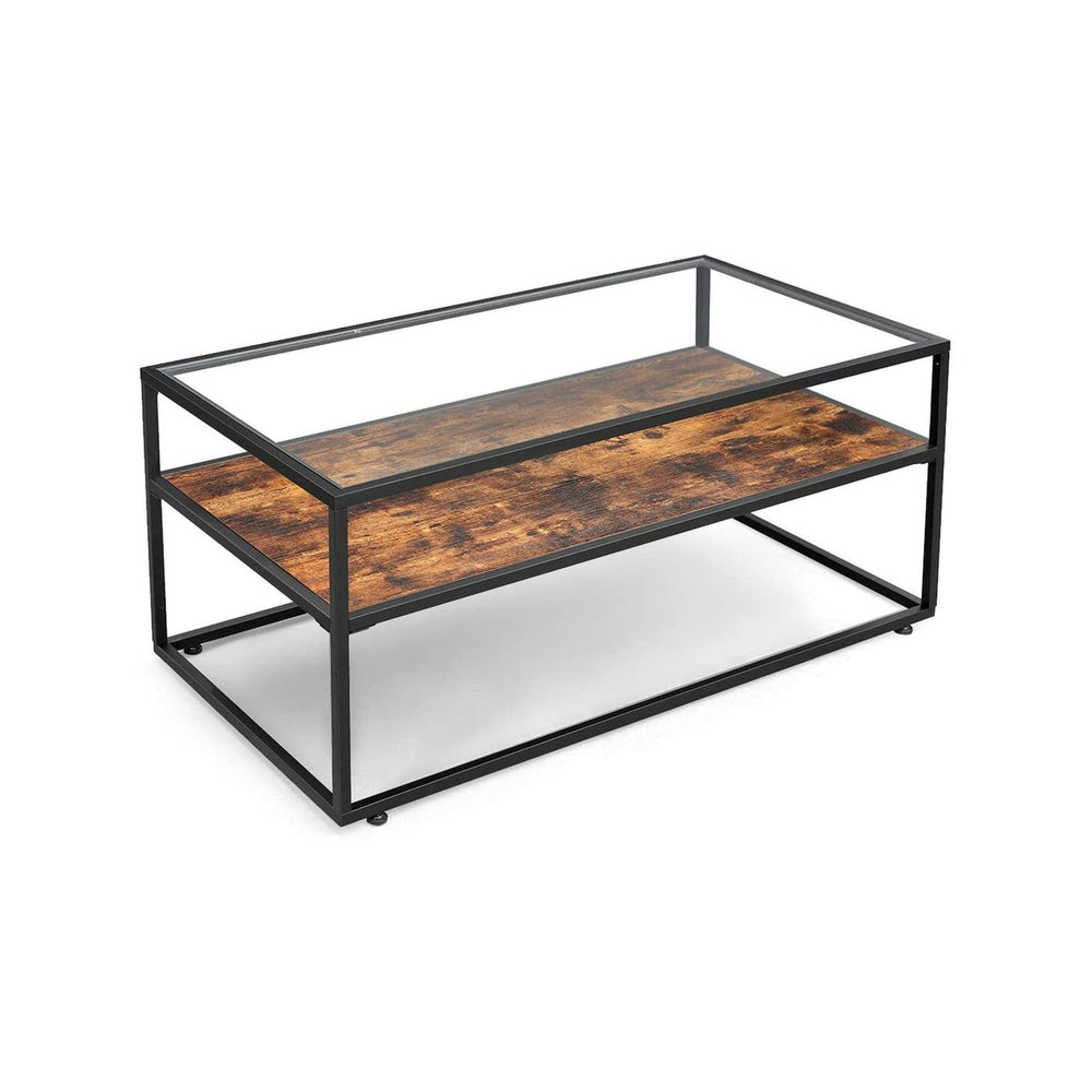 VASAGLE Coffee Table Glass Top Rustic Brown and Black