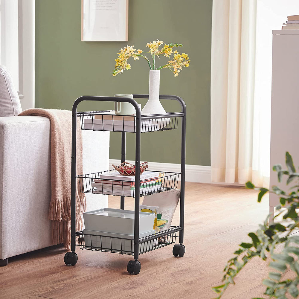 SONGMICS 3-Tier Metal Rolling Cart on Wheels with Removable Shelves Black