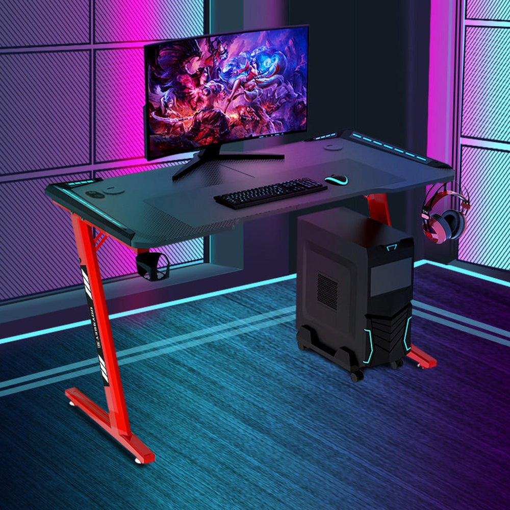 Odyssey8 1.4m Gaming Desk Office Table Desktop with LED light &amp; Effects - Dual Panel Red