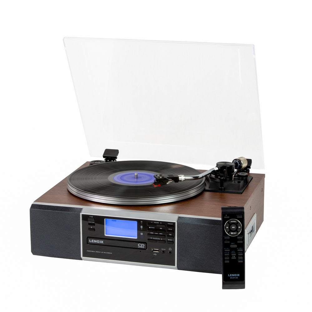 Lenoxx Vinyl Turntable Speaker with Bluetooth: Radio, CDs, Records, AUX &amp; More