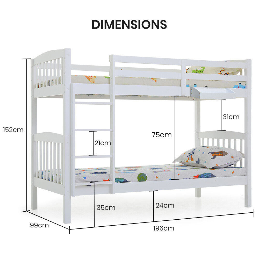 Kingston Slumber Wooden Kids Bunk Bed Frame, with Modular Design that can convert to 2 Single, White