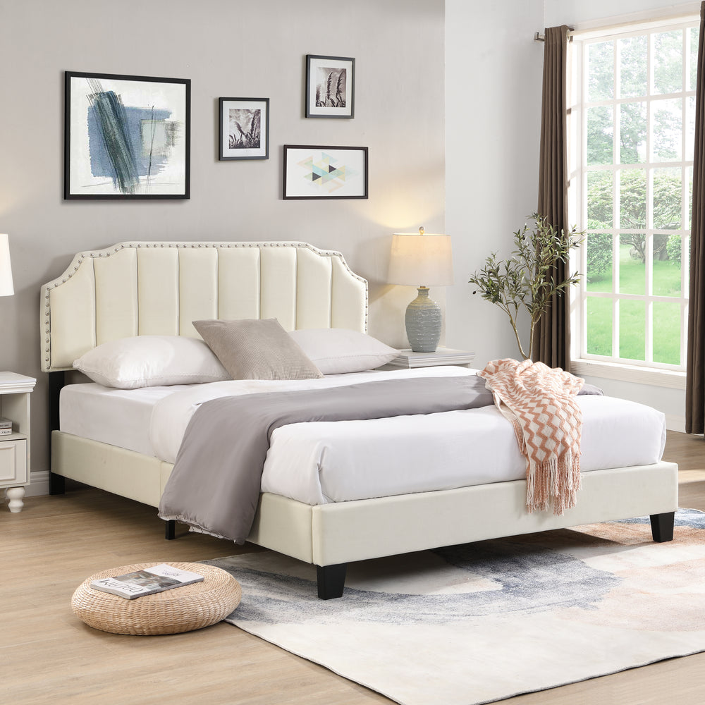 IHOMDEC Upholstered Linen Look Double Bed Frame e BEF07 Beige