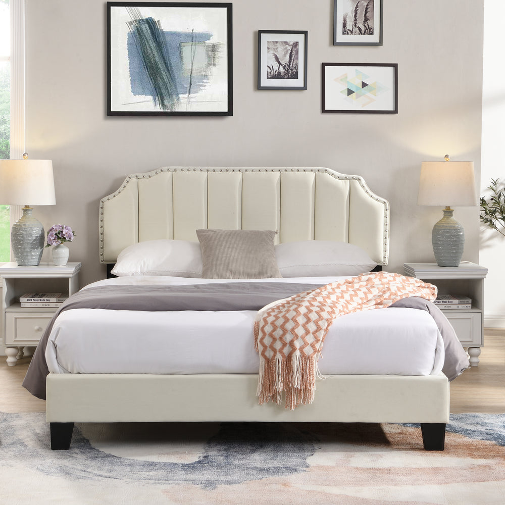 IHOMDEC Upholstered Linen Look Double Bed Frame e BEF07 Beige