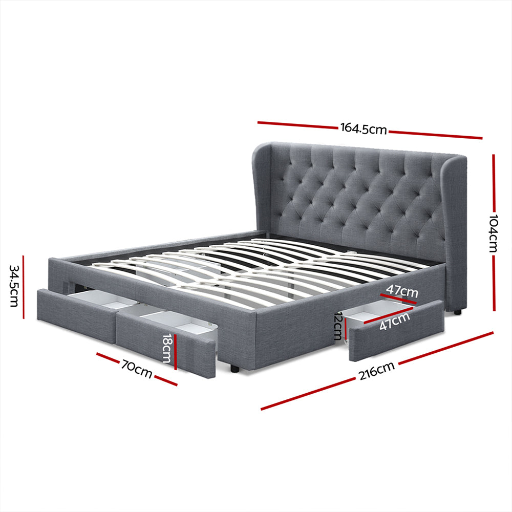 Artiss Fabric MILA Bed Frame with Drawers - Grey Queen