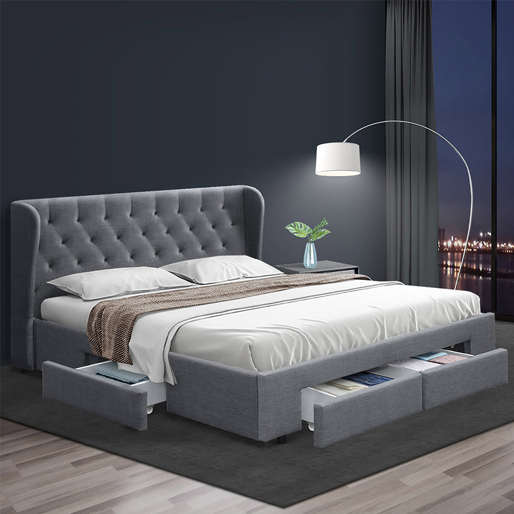 Artiss Fabric MILA Bed Frame with Drawers - Grey Queen