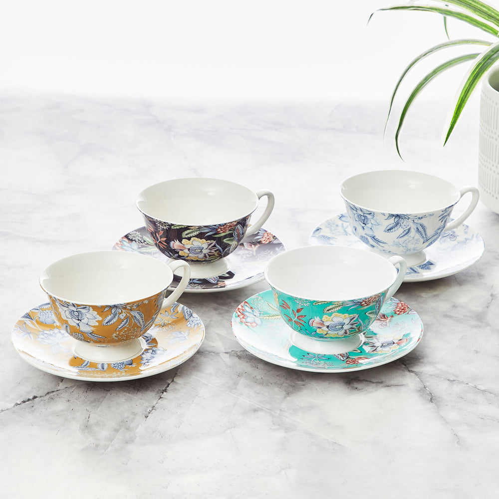 Set of 4 Tea Coffee Cups &amp; Saucer Set Floral 200ml