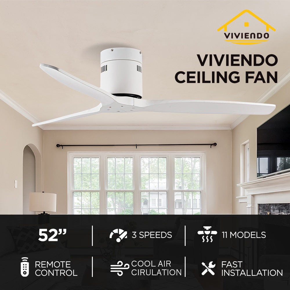 Viviendo 52 Inch 3 Solid Wood Blade Whisper AC Ceiling Fan with 3 Speed Remote Control - White