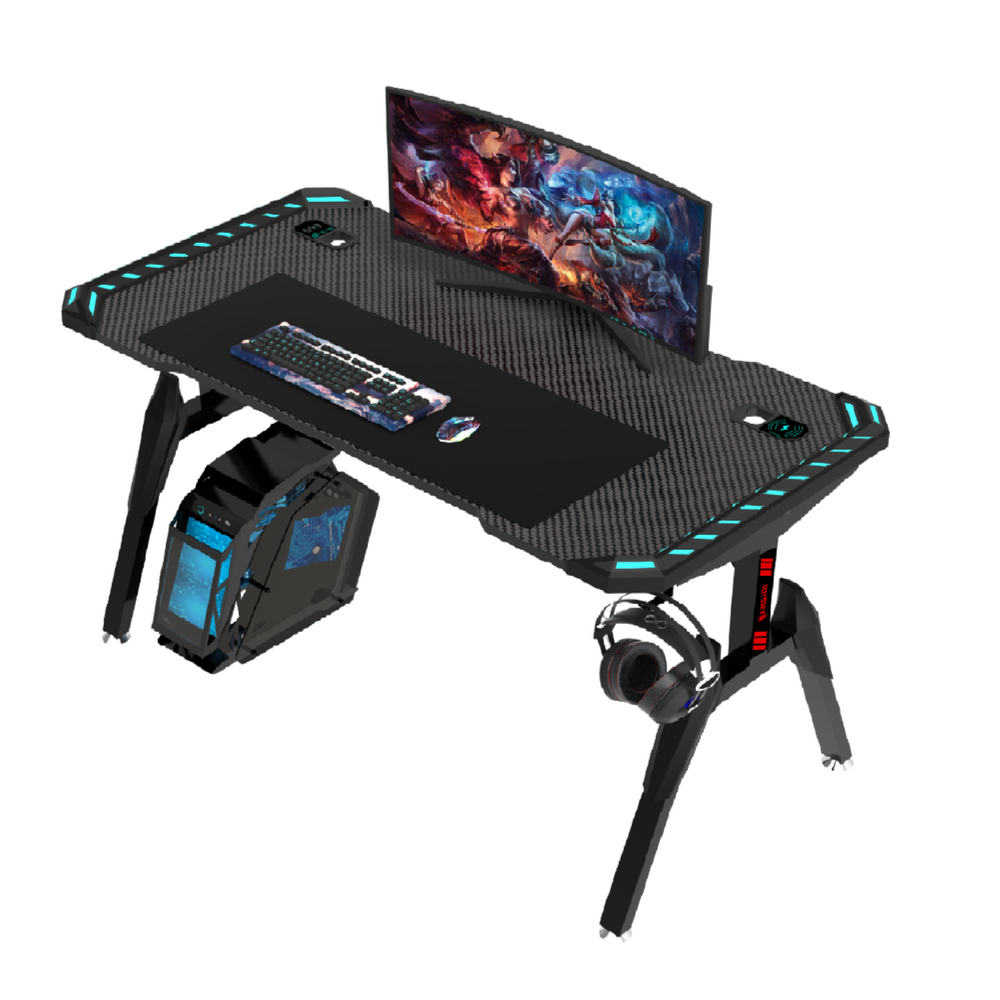 Odyssey8 1.4m Gaming Desk Office Table Desktop with LED Feature Light and USB &amp; Wireless Charger - Black