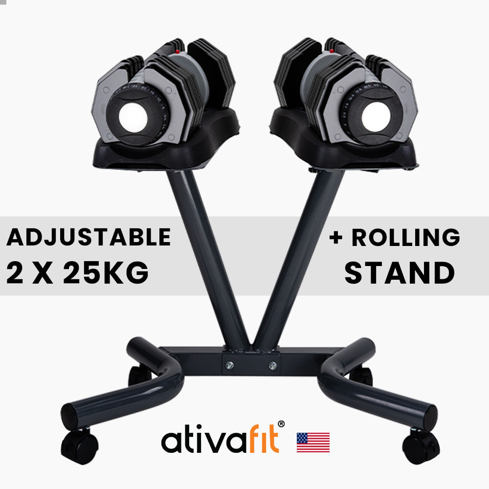 ATIVAFIT 2x 25kg Adjustable Dumbbell Set Weights Dumbbells Home Fitness Stand