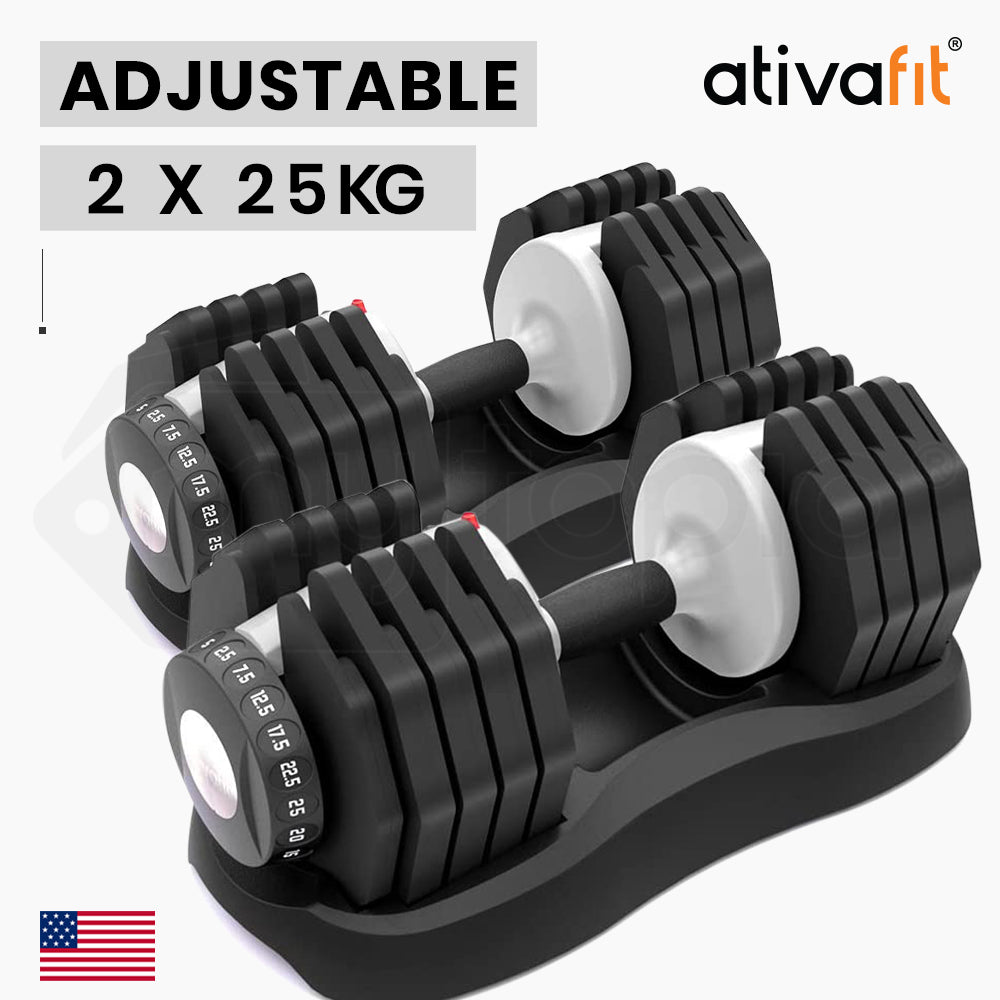 ATIVAFIT 2 x 25kg Adjustable Dumbbell Weight Plates Set Home Gym Exercise