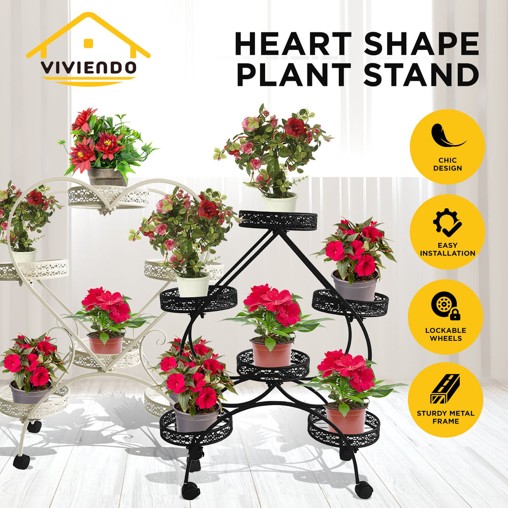Viviendo 4 Tiers 6 Flower Potted Holders Indoor Metal Plant Stand with Wheels - Heart Black