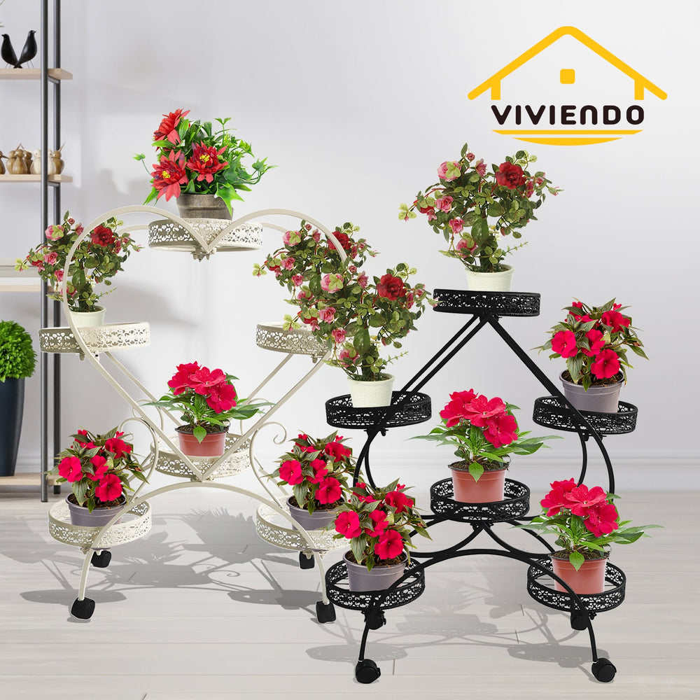 Viviendo 4 Tiers 6 Flower Potted Holders Indoor Metal Plant Stand with Wheels - Heart Black