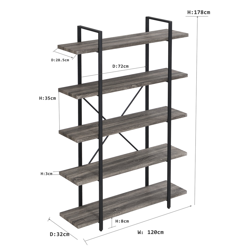 IHOMDEC 5-Tier Industrial Style Bookshelf Grey