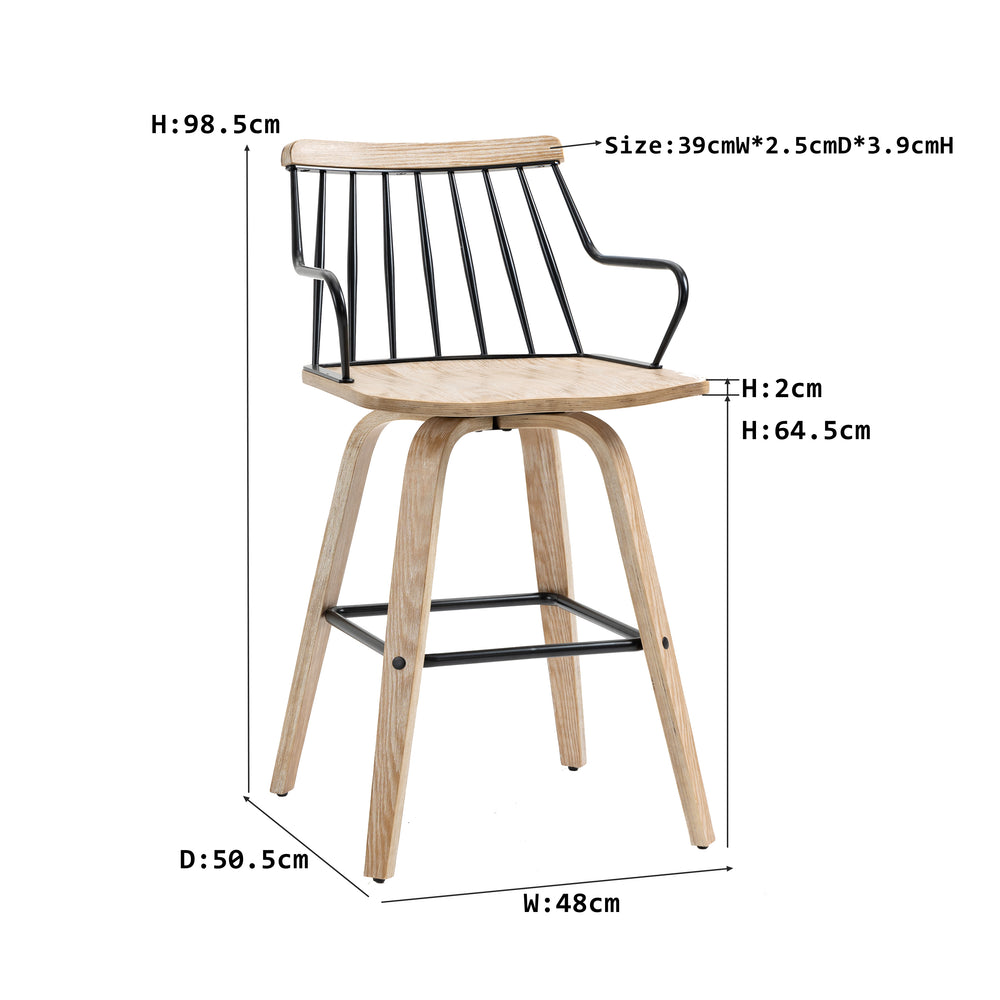 IHOMDEC Oak White Brushed Plywood Swivel Bar Chair in Black Powder Coated Finish,Oak White