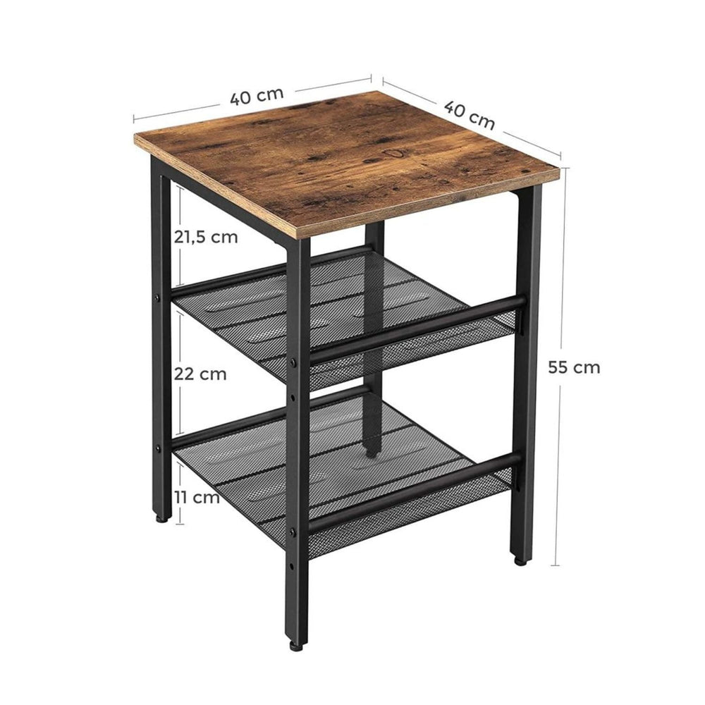 VASAGLE Rustic Brown and Black Side Table with 2 Adjustable Mesh Shelves