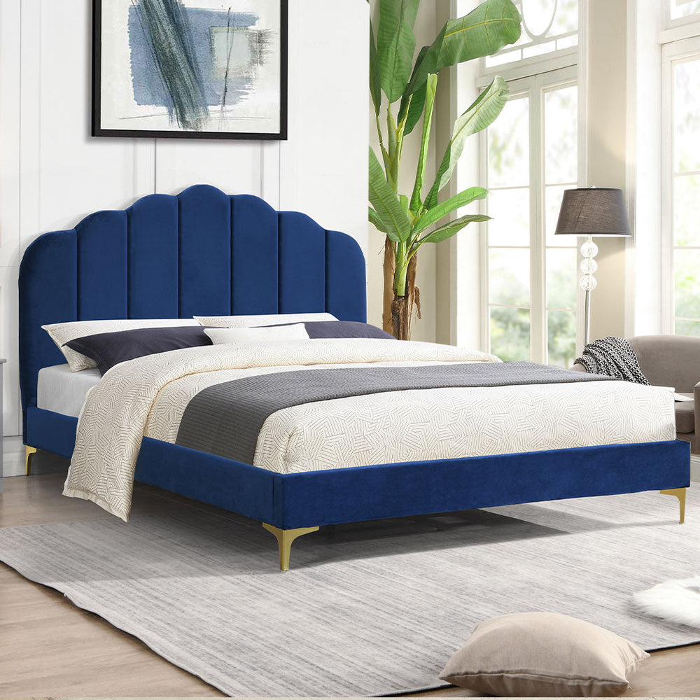 Levede Bed Frame Queen Size Mattress Base Platform Wooden Velvet  Headboard Blue