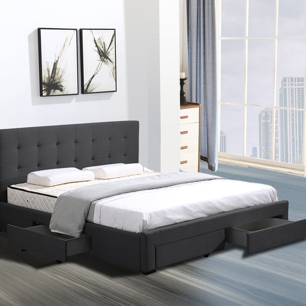 Levede Fabric Bed Frame Double Tufted 4 Drawers Wooden Mattress Base Dark Grey