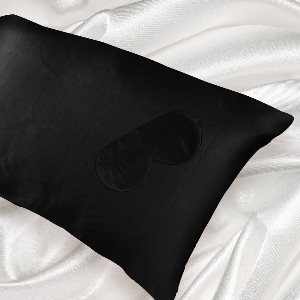 DreamZ 100% Mulberry Silk Pillow Case Eye Mask Set Black Both Sided 25 Momme