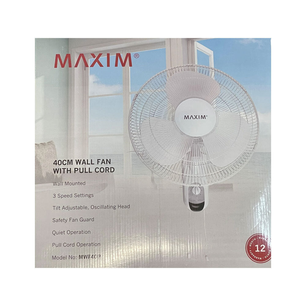 Maxim 40cm 3 Speed Electric Wall Fan With Pull Cord White