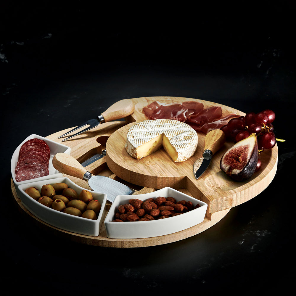 9-Piece Round Bamboo Cheese Platter Board Tray