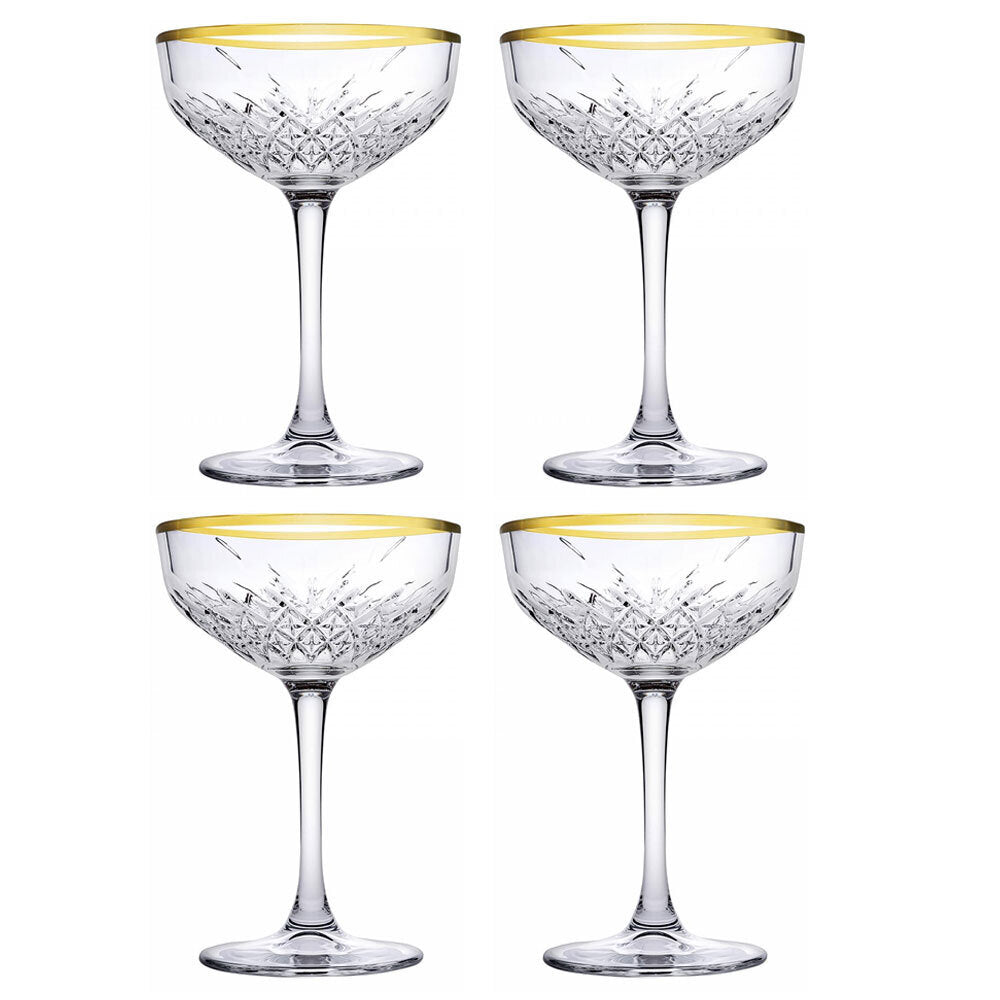 Pasabahce 4pc Timeless Champagne Drinking Saucer Glasses Gold