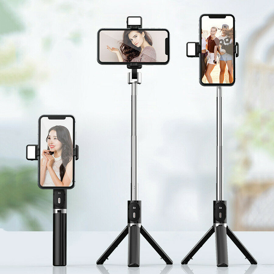 Selfie Stick Bluetooth Extendable Foldable Tripod with Dual Lights and Detachable Wireless Remote for iPhone and Android - Black