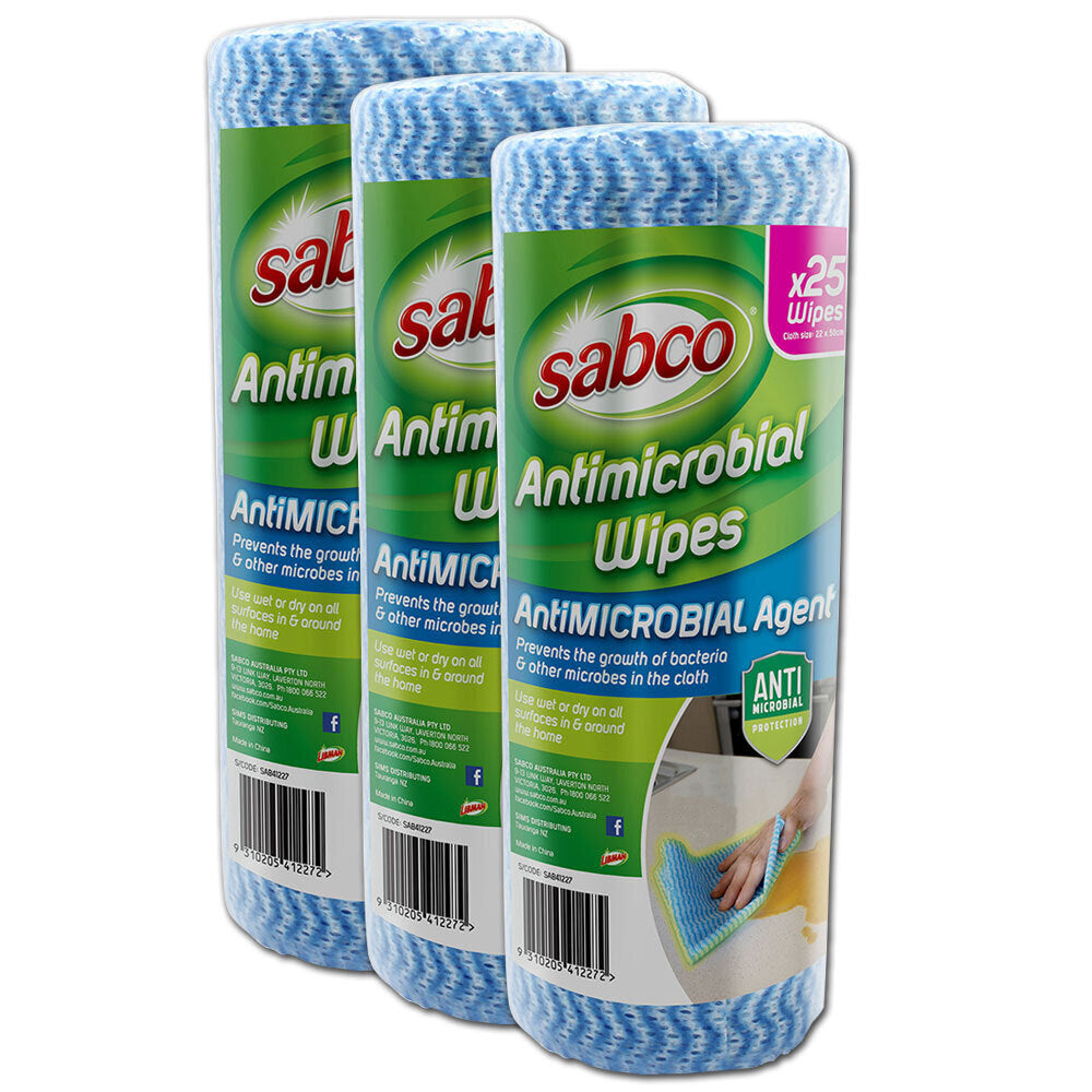 3 x 25pc Sabco Antimicrobial Wipes Roll 22 x 50cm