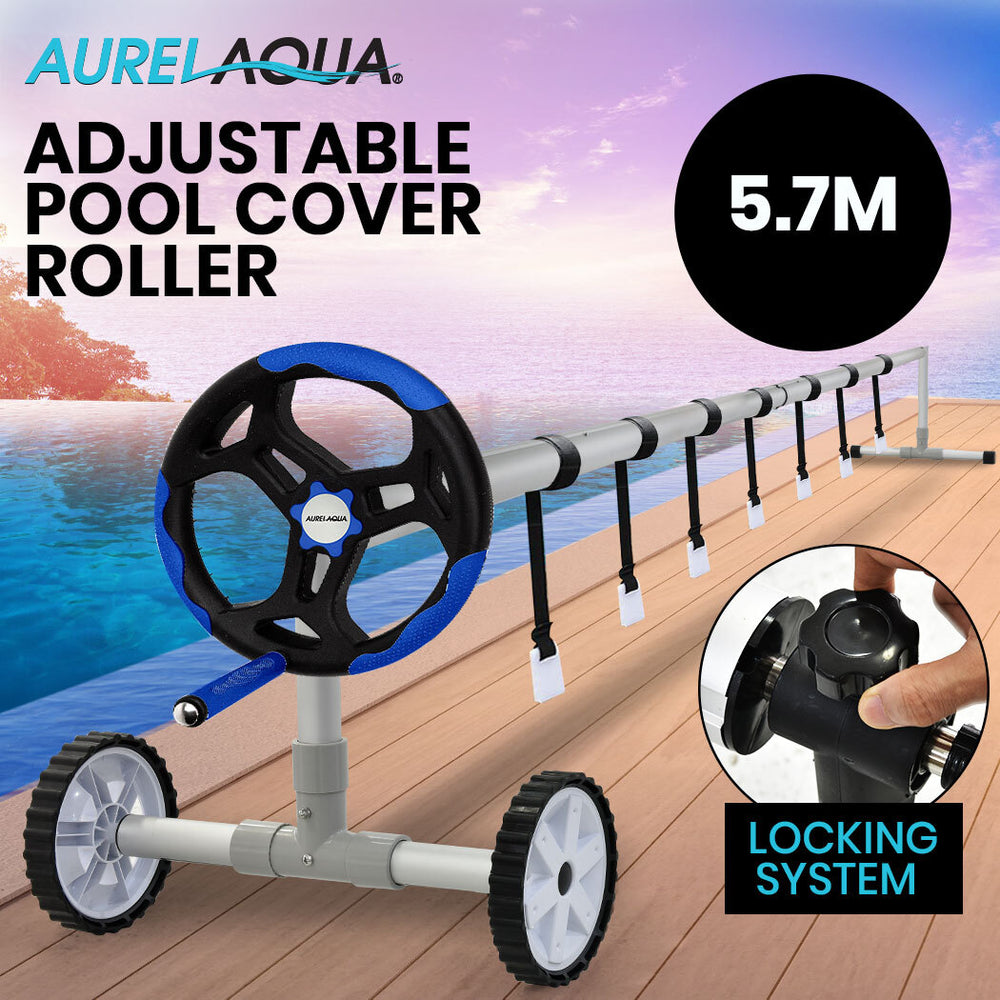 AURELAQUA Swimming Pool Roller Cover Reel 5.7m Adjustable Solar Wheels Thermal