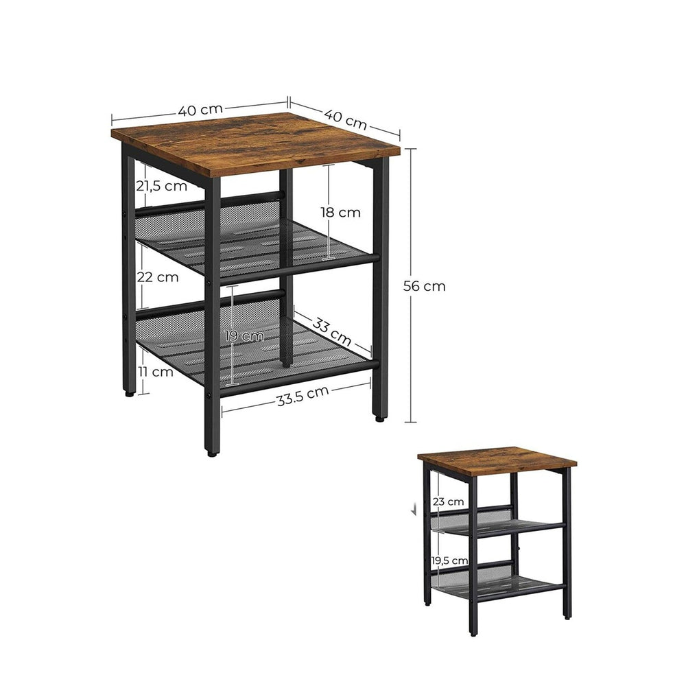 VASAGLE Rustic Brown and Black Side Table with 2 Adjustable Mesh Shelves