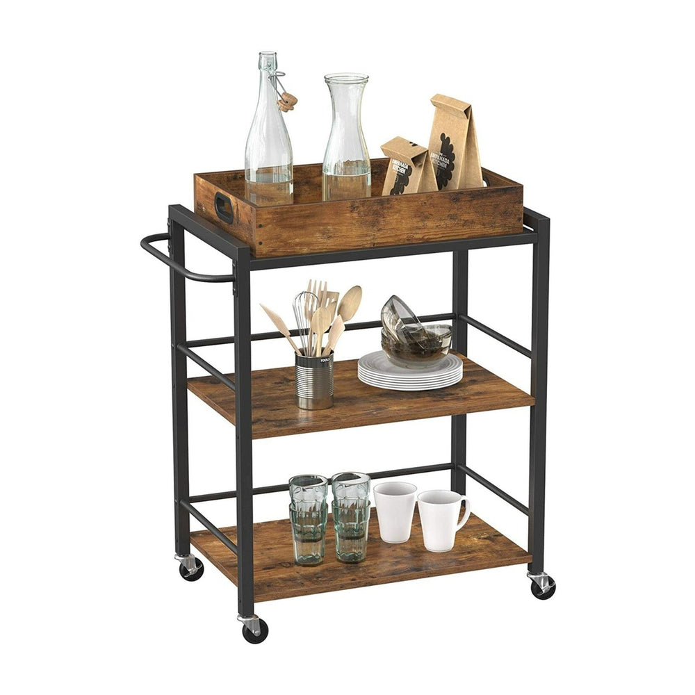 VASAGLE Kitchen Trolley Removable Tray Serving Cart Trolley Universal Castors with Brakes Leveling Feet Steel Shelf Rustic Brown