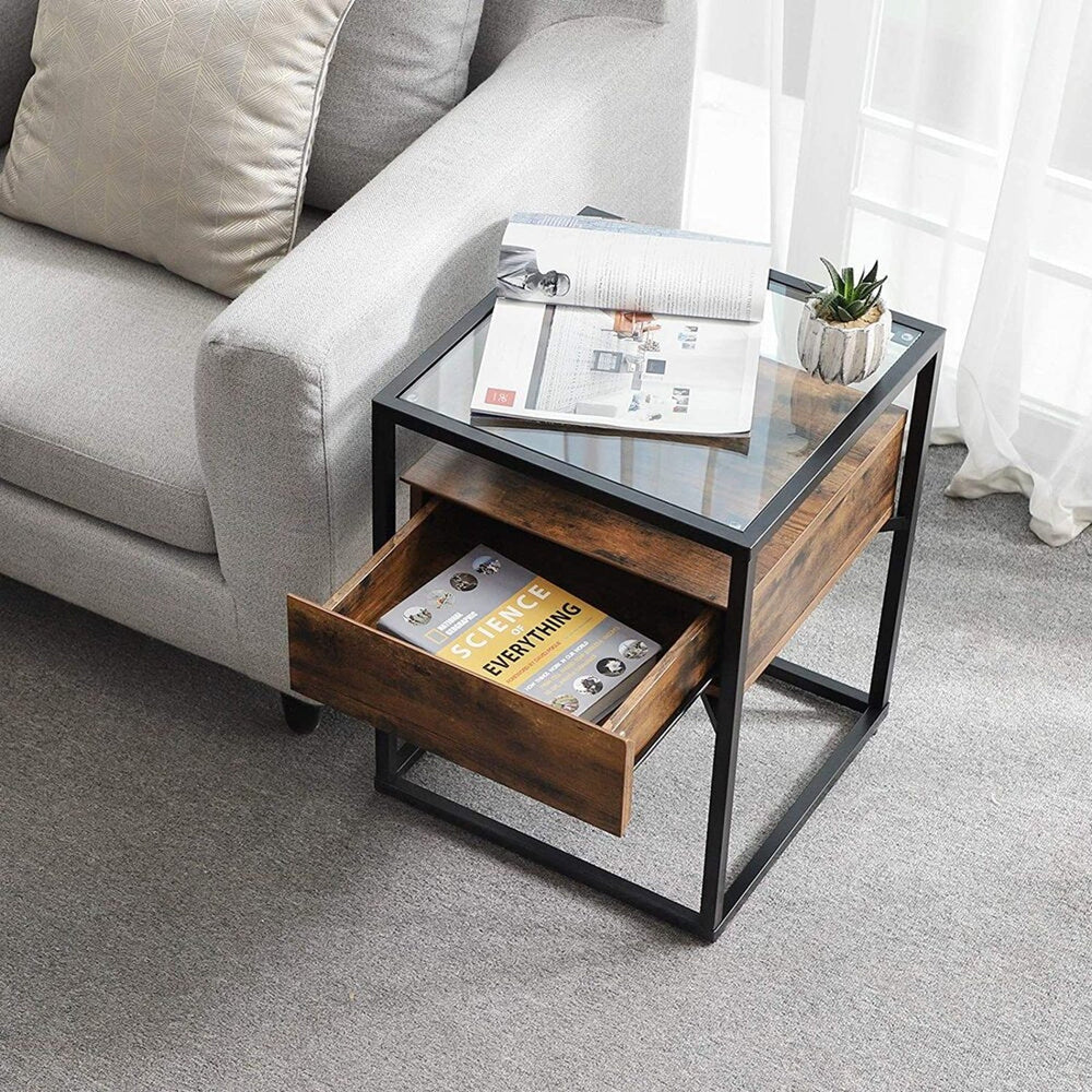 Vasagle Tempered Glass Bedroom Side Table with Drawer Shelf Bedside Nightstand