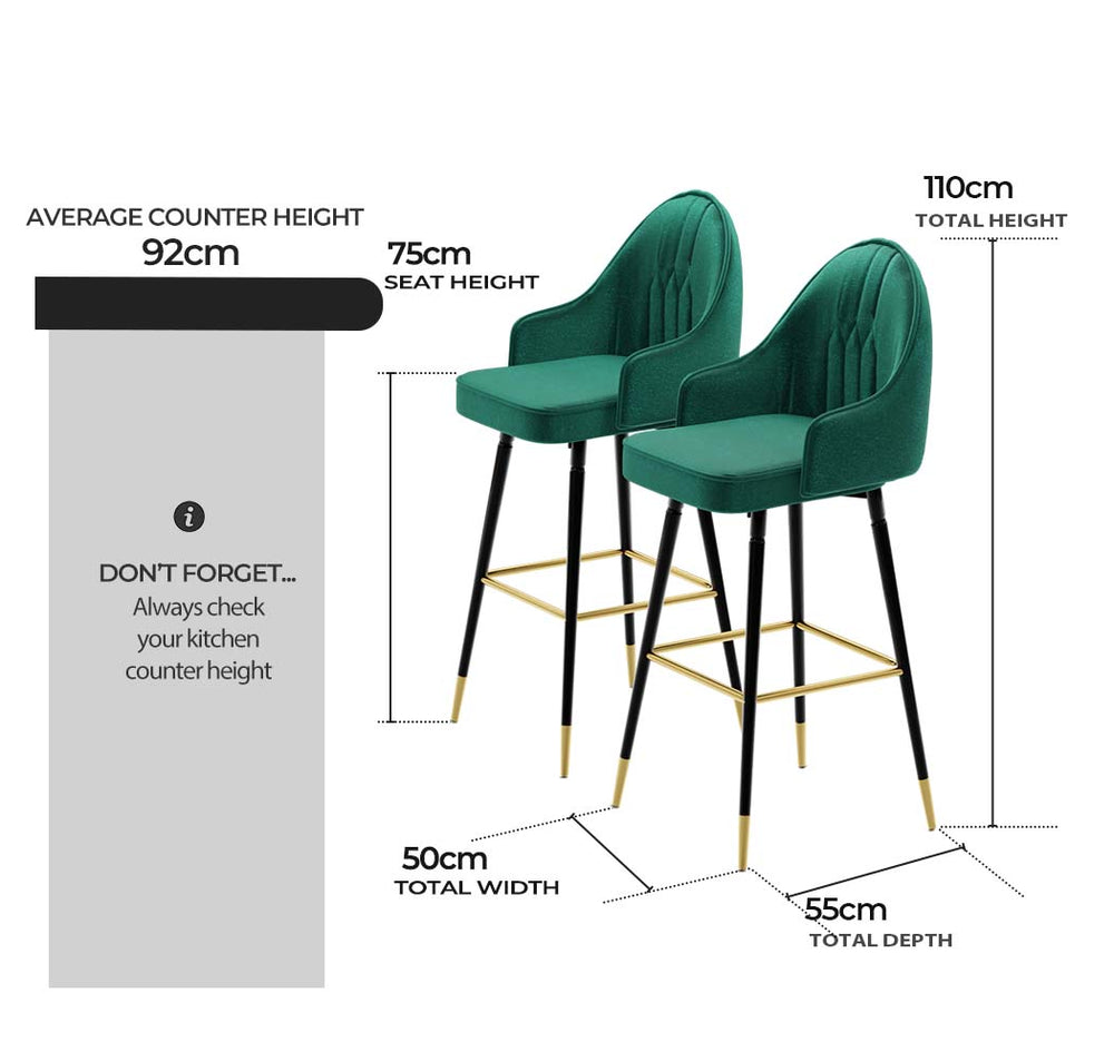 Levede Velvet Swivel Bar Stools x 2 Barstools Kitchen Counter Chair Green