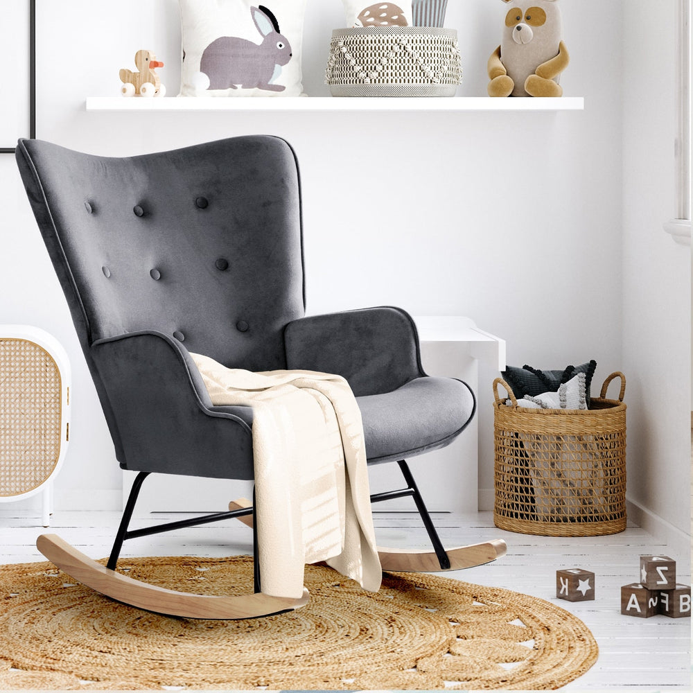 Oikiture Rocking Chair Armchair Velvet Accent Chairs Fabric Upholstered Grey