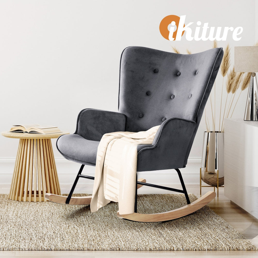 Oikiture Rocking Chair Armchair Velvet Accent Chairs Fabric Upholstered Grey