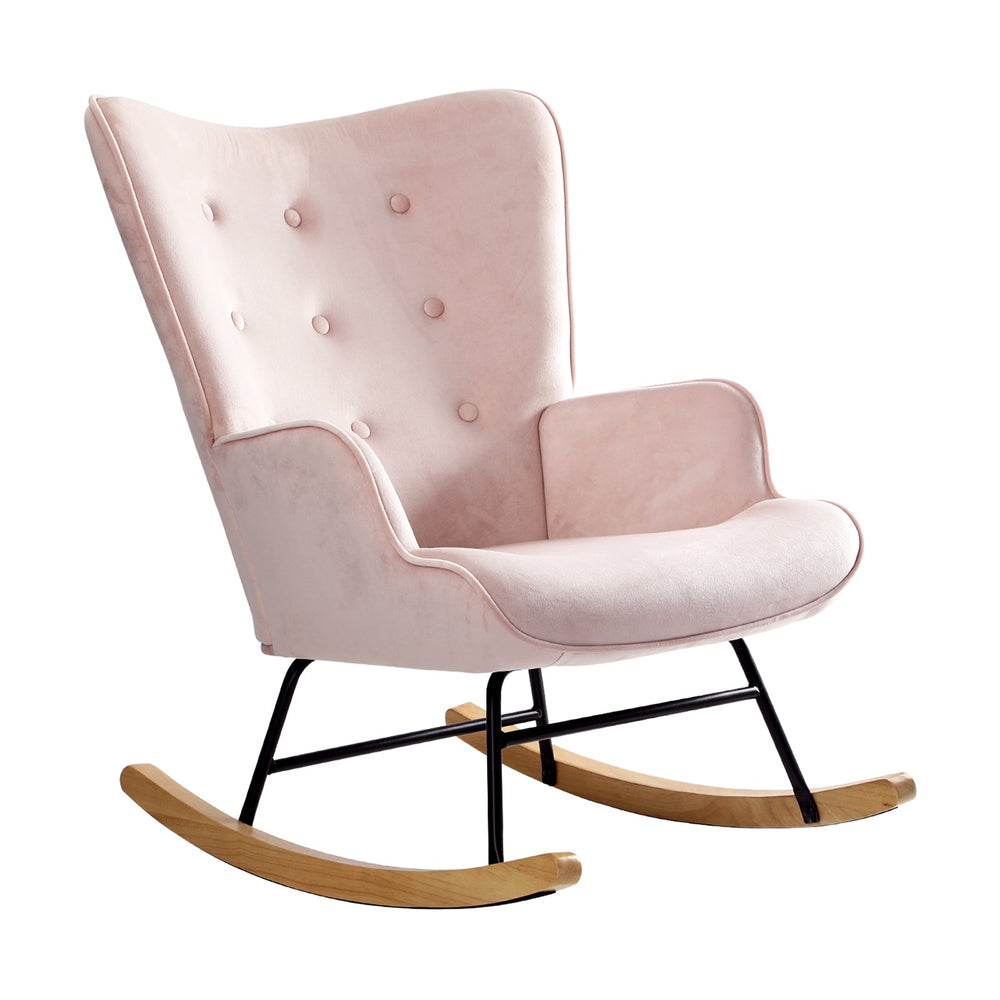 Oikiture Rocking Chair Armchair Velvet Accent Chairs Fabric Upholstered Pink